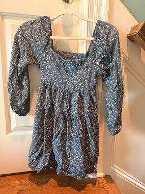 Girls' Blue Floral Square-Neck Dress